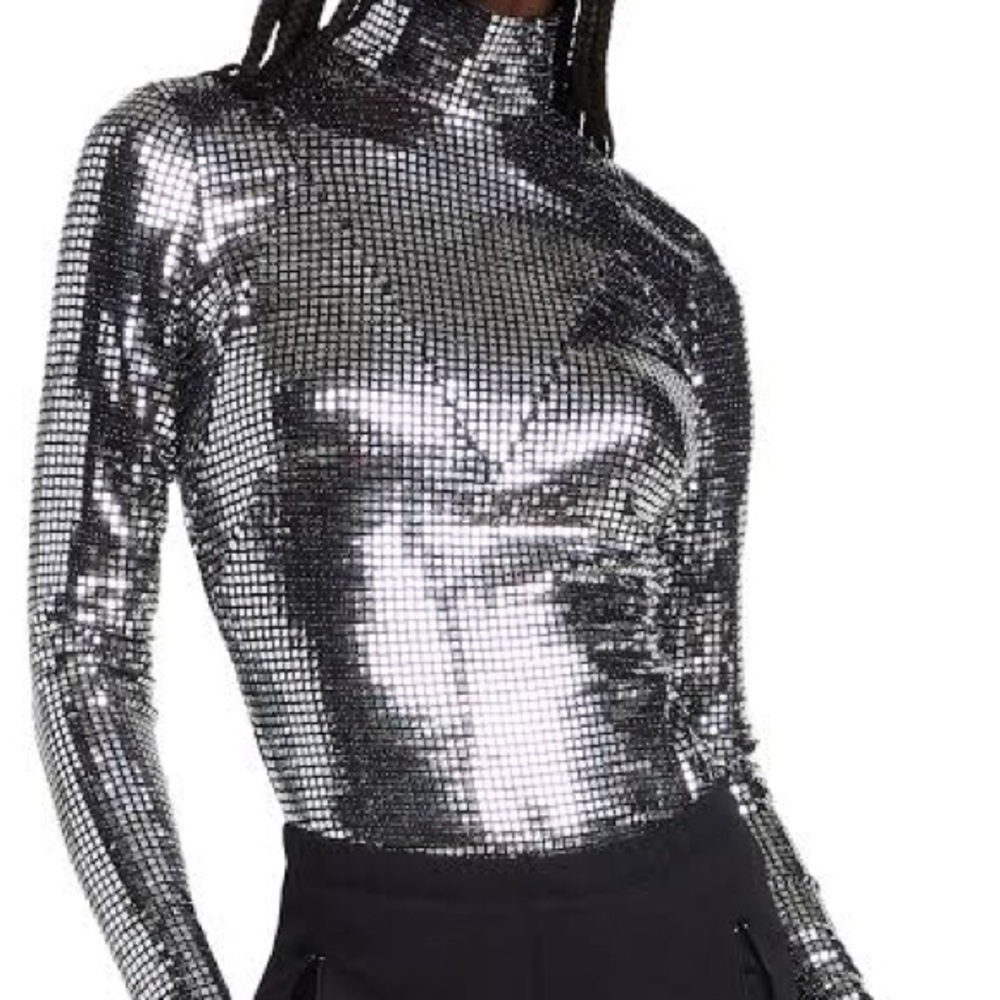 Aknvas Shimmering Silver Cloud Sequin Turtleneck Blouse